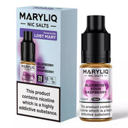 Packaging and bottle of Blueberry Sour Raspberry MARYLIQ Nic Salt E-Liquid, indicating a nicotine content of 20mg and a 50/50 VG/PG ratio.